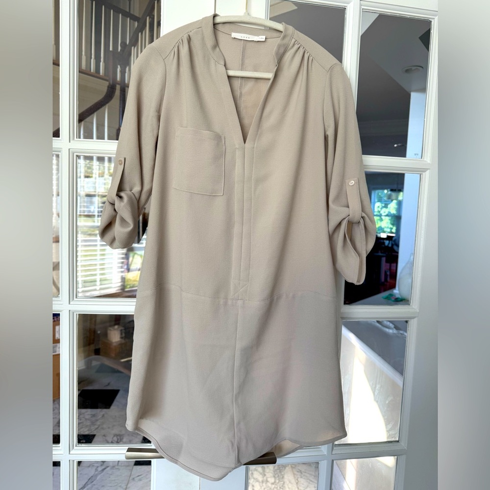 LUSH All in Favor Hailey Crepe Shift Shirt Dress Tunic S Beige Lagenlook Utility